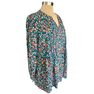 Roaman's Womens Dark Dainty Floral Button Up Tunic Sz 14W Roll Tab Sleeve Pleats